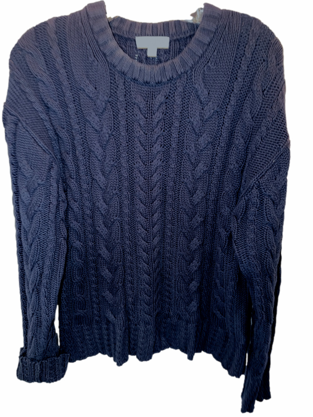 Cable Knit Crewneck Sweater, Navy Blue, SZ M, PTP 21”, Length 24”, (T4-302)